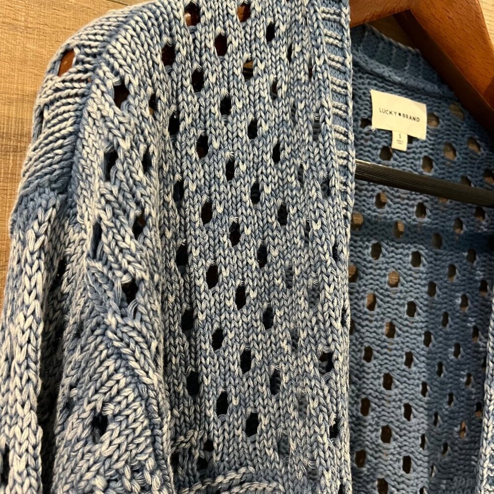 Lucky Brand Women's blue Cotton Crochet Open-Front Cardigan Sweater size S - Picture 5 of 8